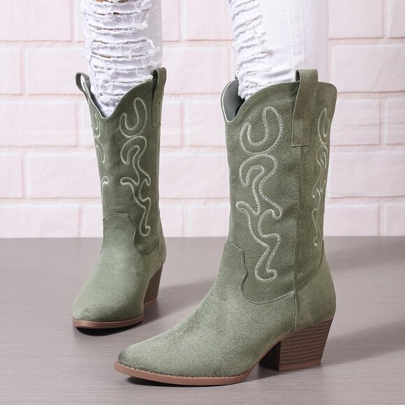 Women Oliver Suede Mid Calf Chunky Block Heel Western Embroidered Cowgirl Boot - Picture 7 of 7